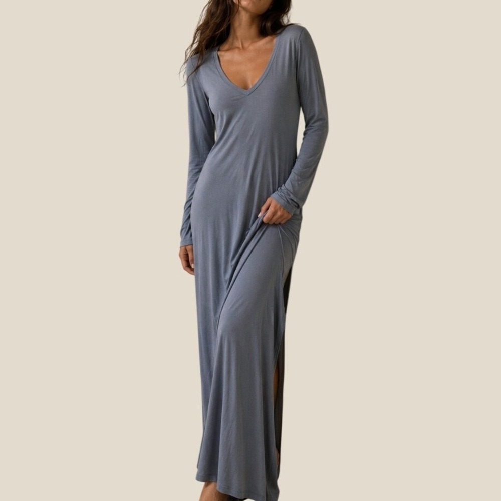Anthropologie Maxi Dress Rib Knit Long Sleeve XL Blue Lounge Bodycon Minimalist